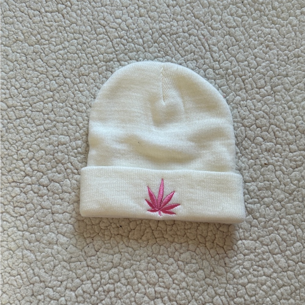 White Beanie with Pink Leaf Embroidery